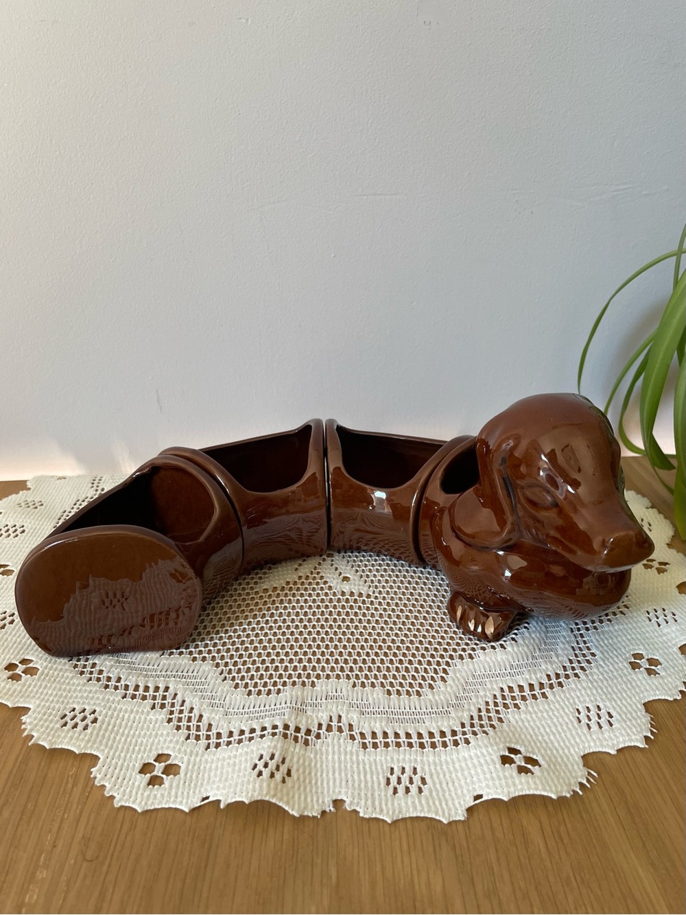 Vintage MCM Dachshund Weiner Dog Snack Desk Plant Organizer Redware Pottery